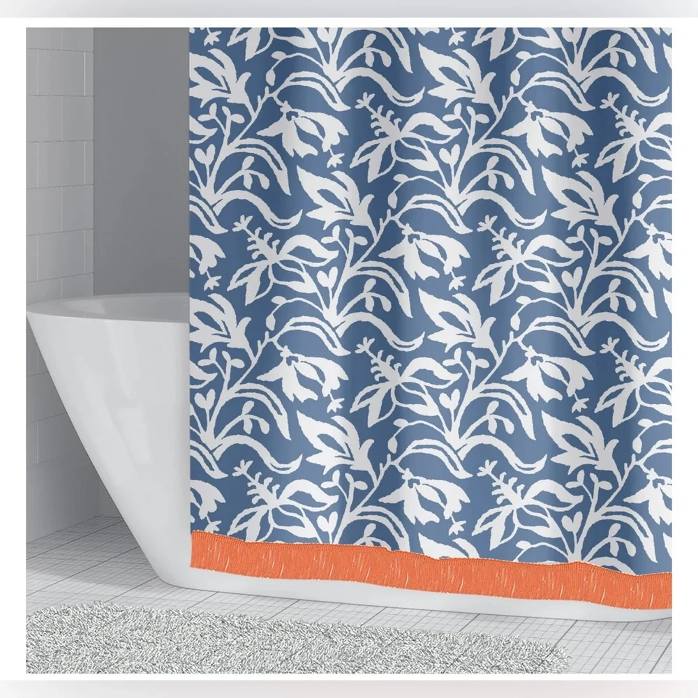 Mainstays Floral Printed Tassel Trim 72” x 72” Fabric Shower Curtain